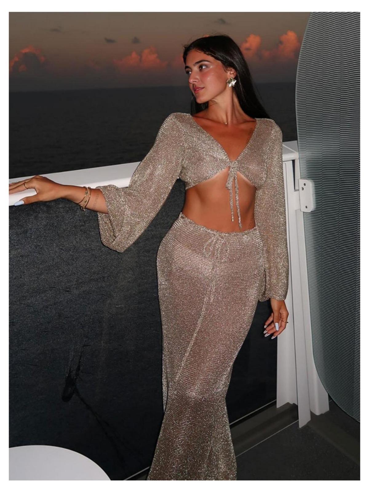 

Однотонний Сексуальний Пляжний Одяг Купальник Накидка В язаний Комплект з Двох Частин 2025 Літо Жіночий Топ з Великими Рукавами-Дзвонами та Зав язками Довга Спідниця K128 S темно-ванільний колір