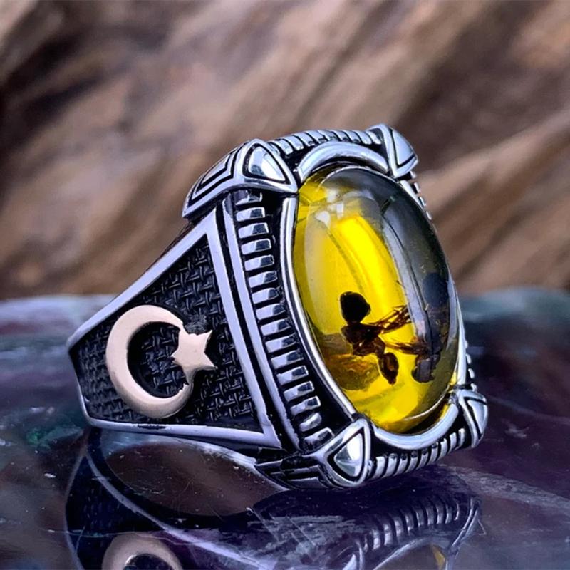 Vintage Großer Ovaler Natur Achat Stein Ring für Herren Retro Eingelegter Gelber Roter Zirkon Antik Ring für Damen Ehering Zirkon