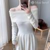 Blue Beryl Knit Fit High Long Women's Off-the-Shoulder Dress, & Flare, Waist, Sleeves, Elegant, Ivory, BB059-IV-M