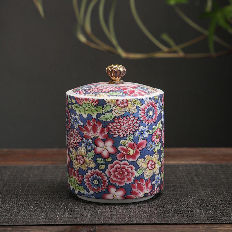 Creative Enamel Painted Flowers Ceramic Tea Jar Moisture-proof Seal Coffee Bean Candy Jar Kitchen Food Storage Container Decor