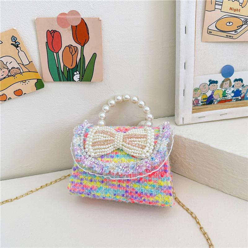Colorful Sequin Kids Bag With Bowknot Stylish Pearl Handle Mini Crossbody Bag