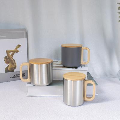 Doppelwandiger Becher, Holzgriff mit Deckel, Trinkbecher aus Edelstahl, Kaffeetasse, Griff aus Buchenholz