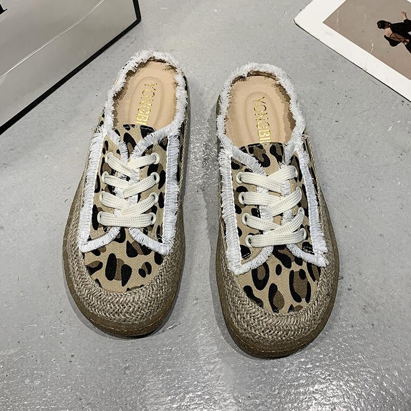 

Q elastic jelly sole new lazy vacation wind half drag canvas shoes women s summer ins outer wear bag head lazy cool slippers 40 цветной печати леопарда