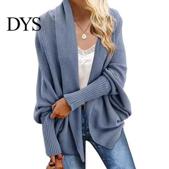 Women Cardigan Coat Collarless Batwing Long Sleeve Open Front Knitting Layering Jacket Elastic Cuffs Solid Color Loose Fit Knitted