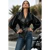 Women Black Faux Leather Jacket Wide Lapel Lantern Sleeve Slim Fit