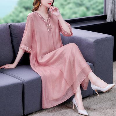 Frühlings- und Sommerkleid mit V-Ausschnitt im chinesischen Stil, Dreiviertelärmel, große Größe, locker, bestickt, Mutterkleid