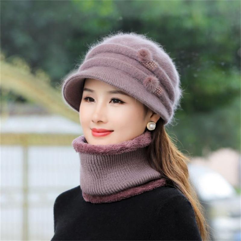 Women Winter Hat Keep Warm Cap Add Fur Lined CAPS And Scarf Set Warm For Female Casual Rabbit Fur Winter Knitted Bonnet