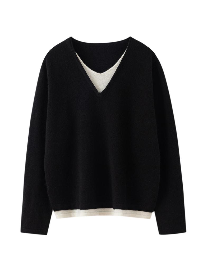 Women's Versatile Autumn V-Neck Color Block Cashmere Knit Sweater - Faux Two-Piece Loose Top
