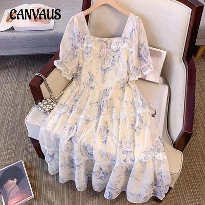 Plus Size Women's Summer High Grade Style Vintage Square Collar Bag Sleeve Floral Dress