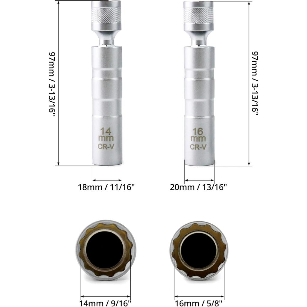 14mm&16mm Magnetic Swivel Spark Plug Socket, Thin Wall Magnetic Rotating 3/8" Drive 12 Point Standard Spark Plug Socket Removal Tool 360-degree