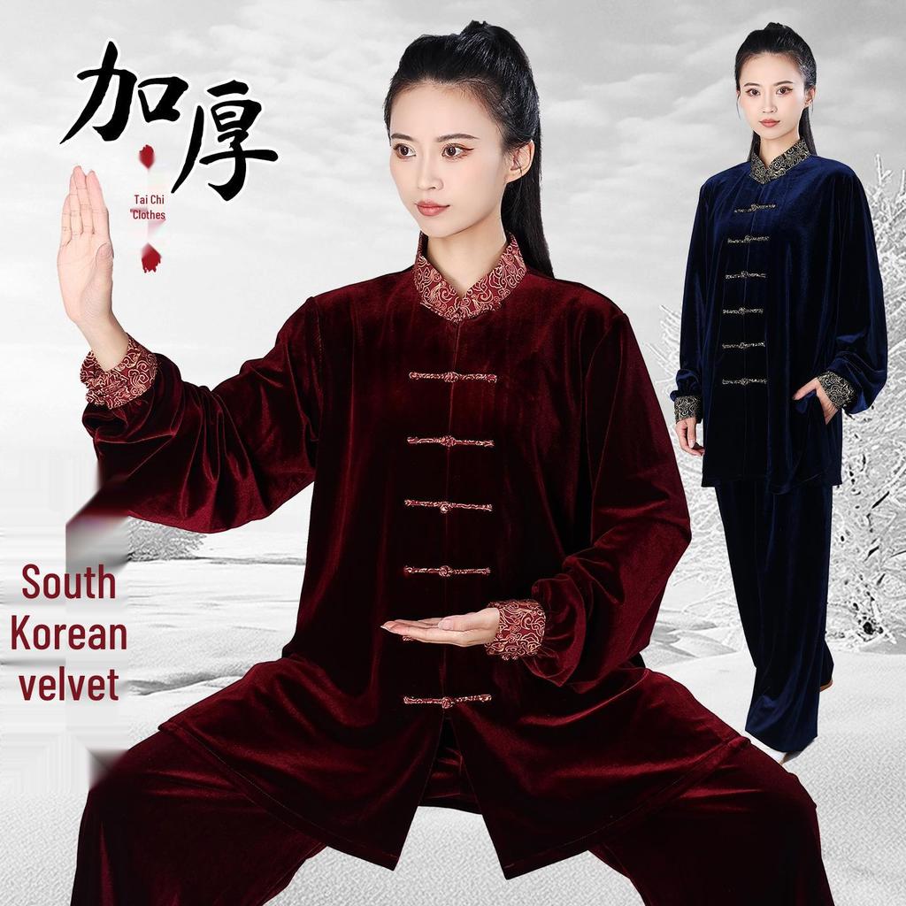 Abbigliamento di alta gamma coreano in velluto per la pratica del Tai Chi da donna con colletto a nuvola propiziatoria - Uniforme per arti marziali per performance autunnali/invernali