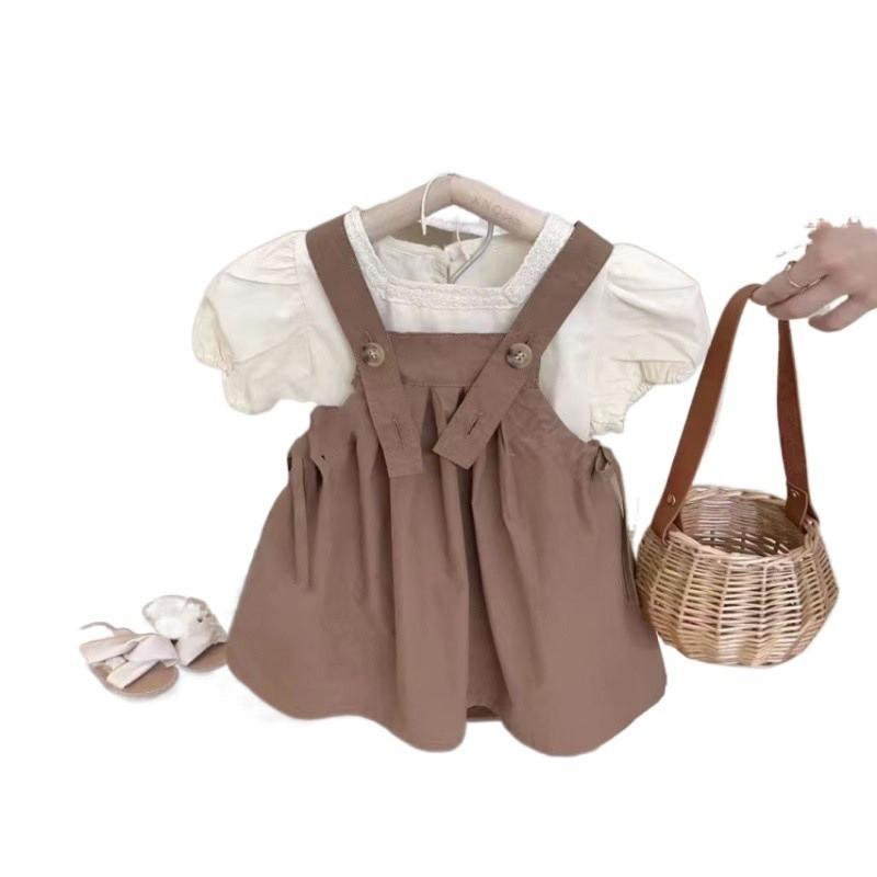 Charming Girls Two Piece Outfit 2024 New Summer Short Sleeve Dress Set For Kids