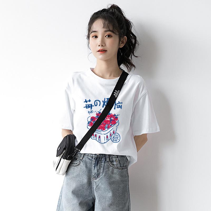 GMXIA Sommer Vintage Damen T-Shirt mit Aufdruck Reine Baumwolle Kurzarm T-Shirt Damen Ins Mode Locker Lässig mit Damenoberteil