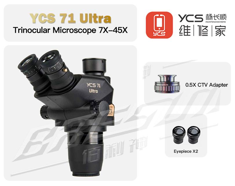 YCS 71Ultra Trinocular Microscope Head 0.67-45X Zoom 0.5X CTV 0.7 for Phone Electronic Repair Microscope 144 LED Light Tools Set