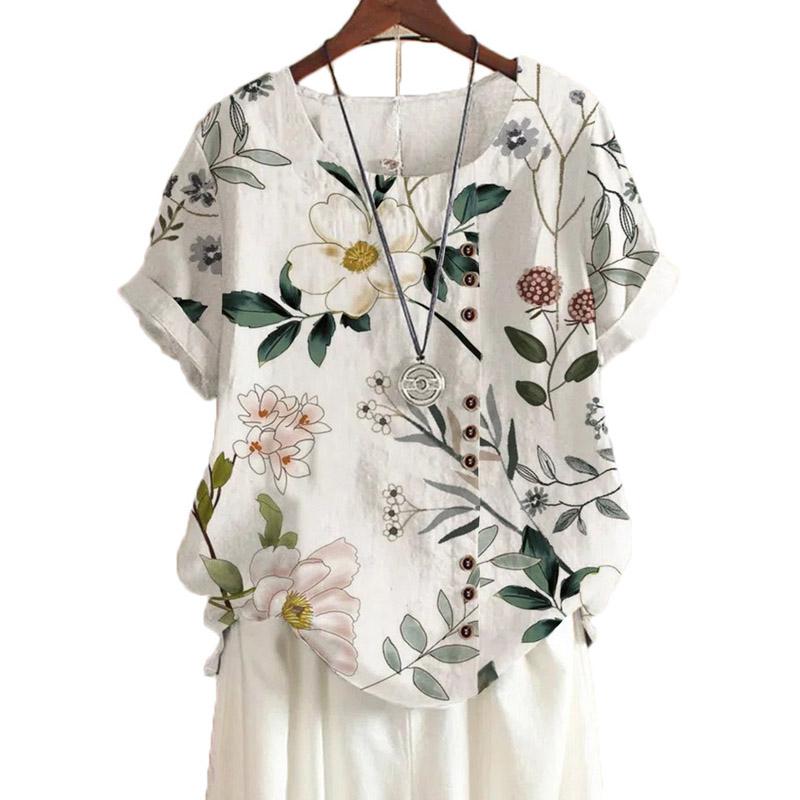 Sommer Uformell Retro bomull Lin Motetrykk Løs fritidsskjorte Kortermet allsidig T-skjorte topp for kvinner