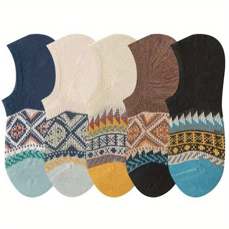 

10 пар мужских ретро носков-слипонов с геометрическим узором | Нескользящие, удобные, ярких цветов, машинная стирка | Вязаные носки до щиколотки для повседневной носки 10 pairs