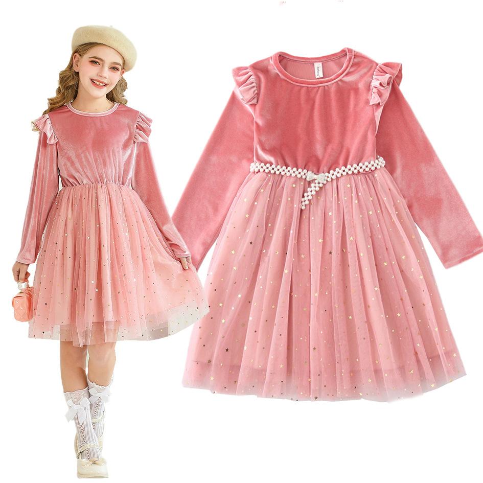 Girls long-sleeved foreign party dress princess dress performance dress children's clothing star mesh dress