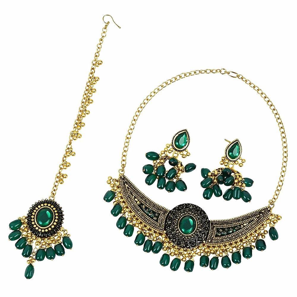 Indian Style Rhinestone Jewelry Set Shining Necklace Earrings Set Tassel Necklace  Wedding Party зелёный