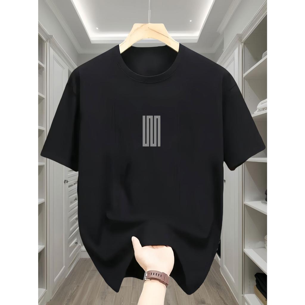 Men's Loose T-Shirt - Breathable Short-Sleeve Crew Neck, Simple Black Plaid Print
