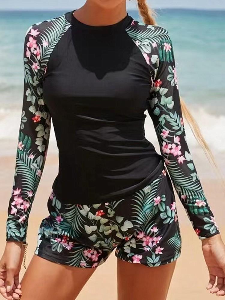 Long-Sleeve European & American Digital Print Conservative Women's Bikini Swimsuit