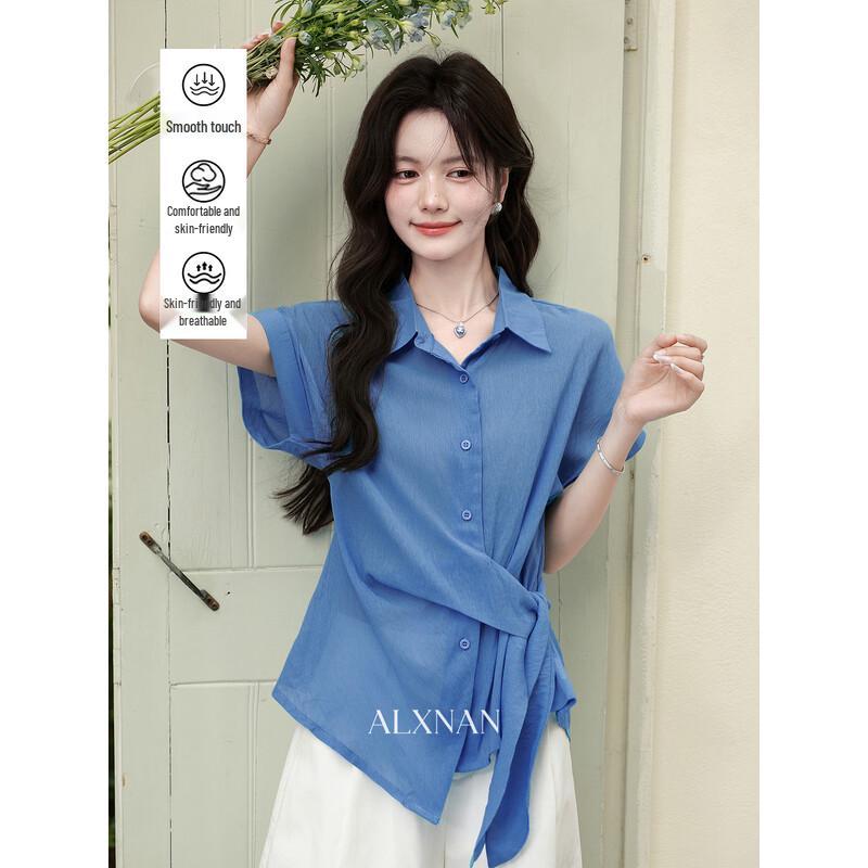 Women s Elegant Blue Short Sleeve Blouse M