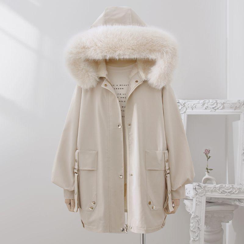 Zimní trendy parka s kapucí z umělé kožešiny a hřejivou podšívkou pro ženy