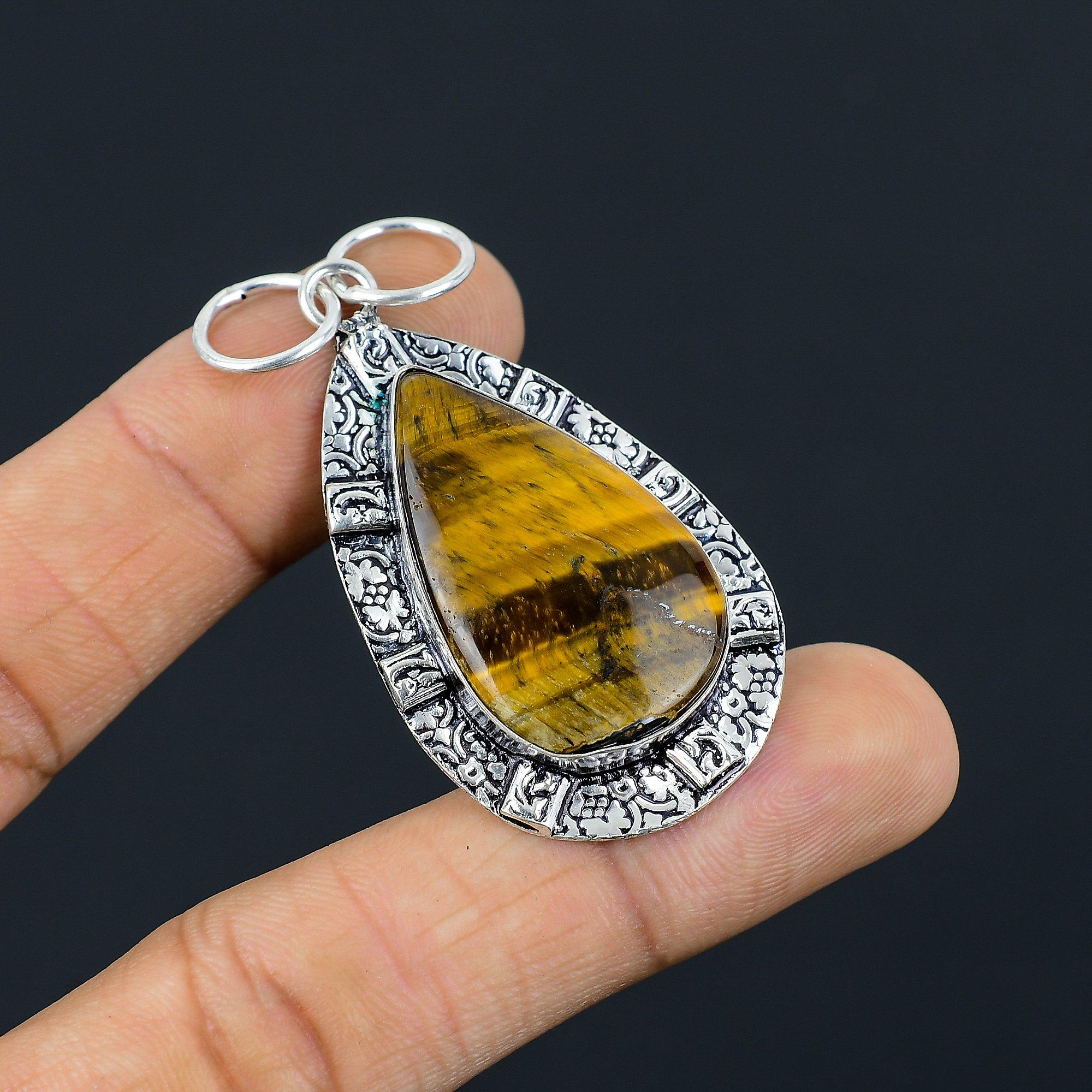 

Easter Sale 925 Silver Pear Natural Tiger Eye Engagement Bezel Pendant Jewelry