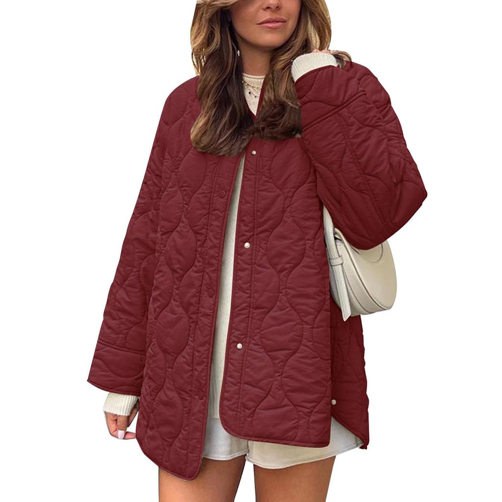 Women's Casual Crewneck Jacket With Pockets, Buttons, Solid Color And Long Sleeves