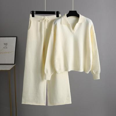 Herbst und Winter neuer Strickanzug Damen locker Polo-Kragen Pullover weite Hose Temperament Angola zweiteiliges Set