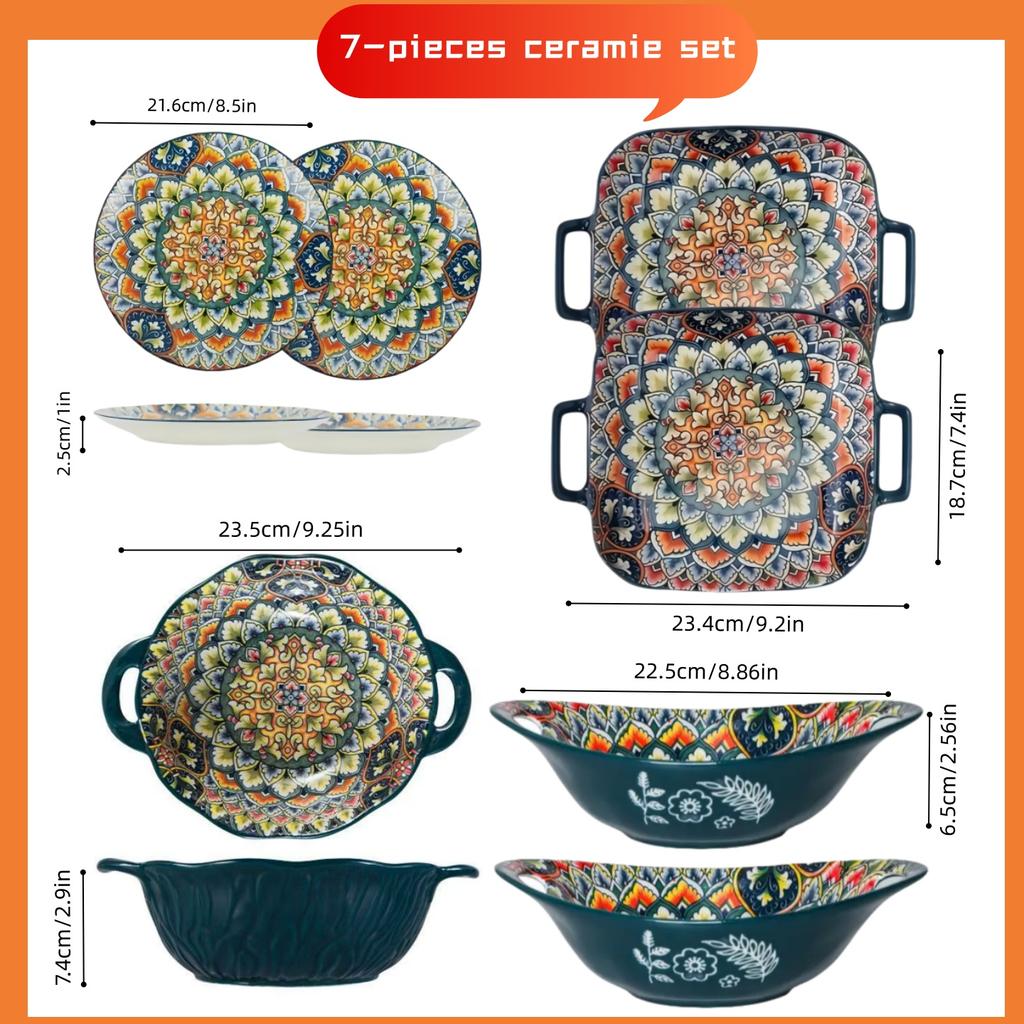 Bohemian Ceramic Plate 7-piece Set Cross-border High-value Plate Household New Dessert Plate Underglazed Plate Spaghetti Bowl