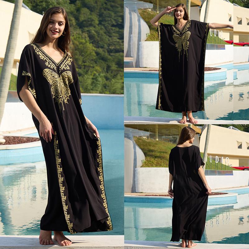 "European & American Embroidered Cotton Maxi Skirt: Women's Beach Sun Protection Robe"