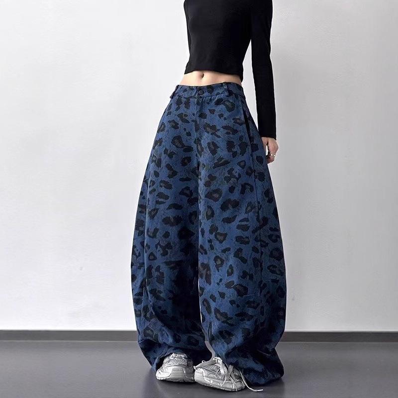 Leopard Print Contrasting Color Design Sense Wide-leg Scimitar Jeans Women's Loose Tide Fashion Pants Tide Deep Blue Wash Oversized Wide-leg Pants
