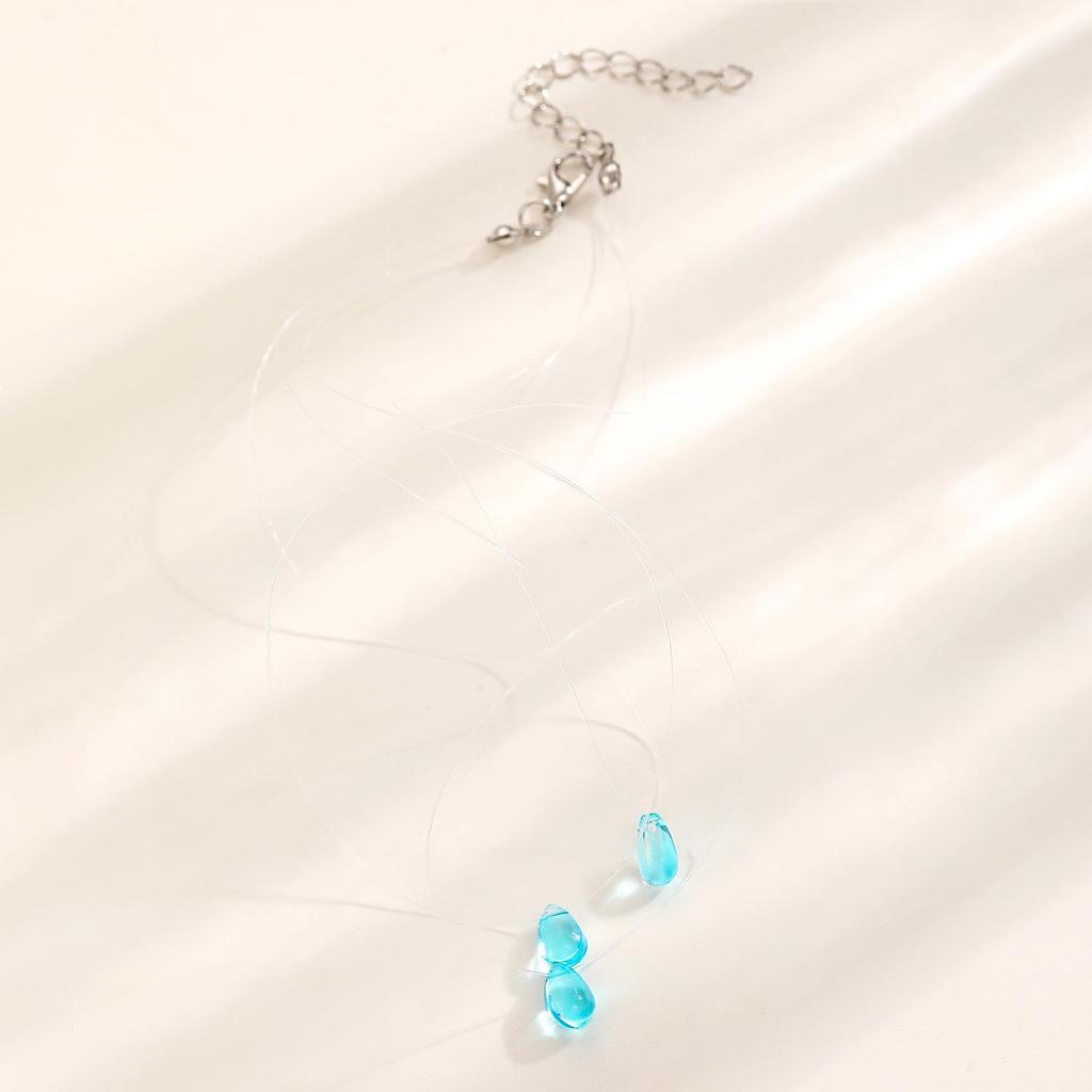 Colar de Linha de Pesca Invisível de Vidro Gota d'Água da Moda Transfronteiriço para Mulheres - Simples, Moderno, Empilhável Corrente de Clavícula Multicamadas