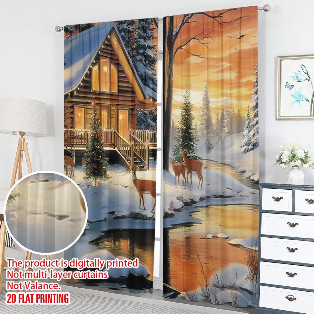 2pcs 2D flat printing Fashionable Christmas Curtains Cozy Cabin Deer Christmas Scene Digital Printed Polyester Drapes Holiday