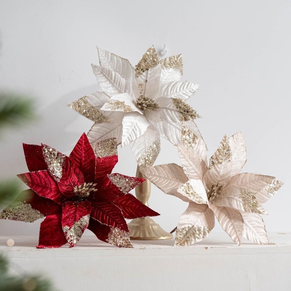 Velvet Fabric Artificial Poinsettia Flower Sequins Christmas Tree Magnolia New Year Gift