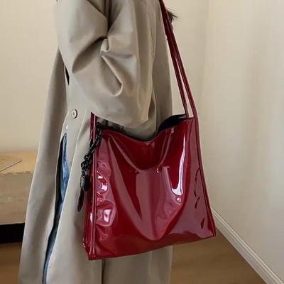Solid Color Patent Leather Women Fashion Shoulder Bag Ladies Simple Luxury Handbag Purse Casual Travel Shopping Totes AVE