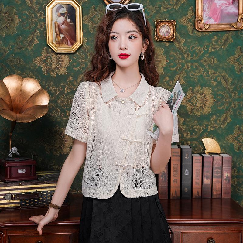 Cămașă de vară 2024 pentru femei, stil chinezesc, perspectivă goală, mânecă scurtă