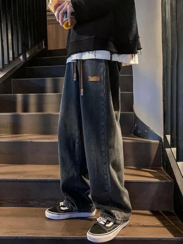 Jeans da uomo alla moda, versatili, con coulisse: Pantaloni Casual High-Street Larghi Dritti a Gamba Larga Primavera e Autunno