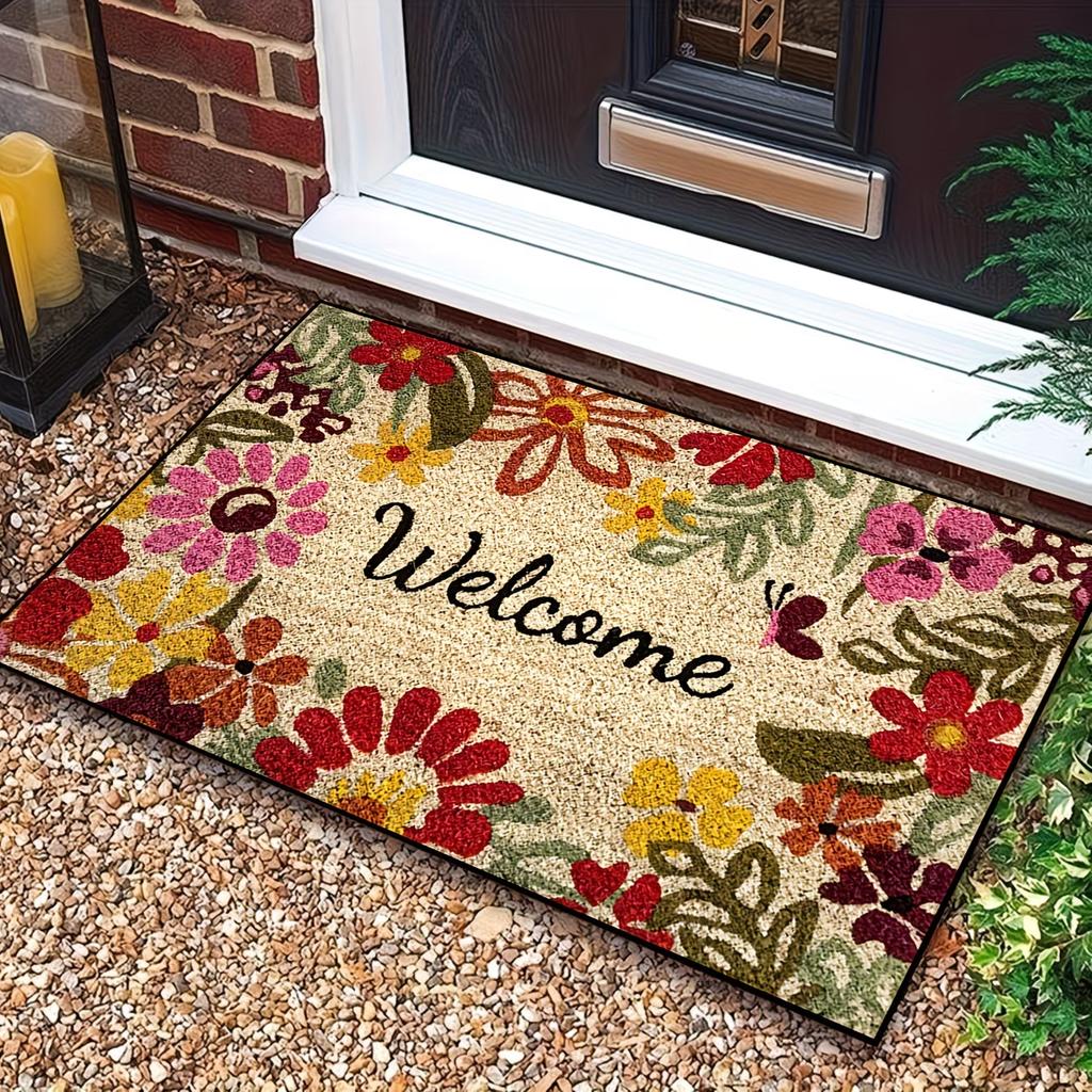 A Colorful Floral Patterned Doormat That Says 'Welcome', Adding Warmth and Vitality To Your Home Entrance Non-Slip Doormat