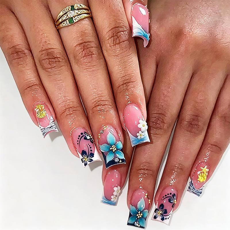 24-Piece Pink French Medium Tube Nail Tips with 3D Flowers & Leopard Print