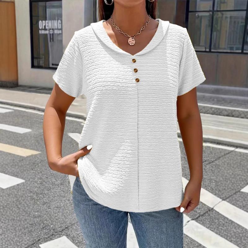 Camiseta Elegante Gola Boneca Tamanho Grande para Mulheres Cor Sólida Manga Curta Botões Plissados Tops Verão Solta Casual Simples Doce Camisa Roupa Feminina