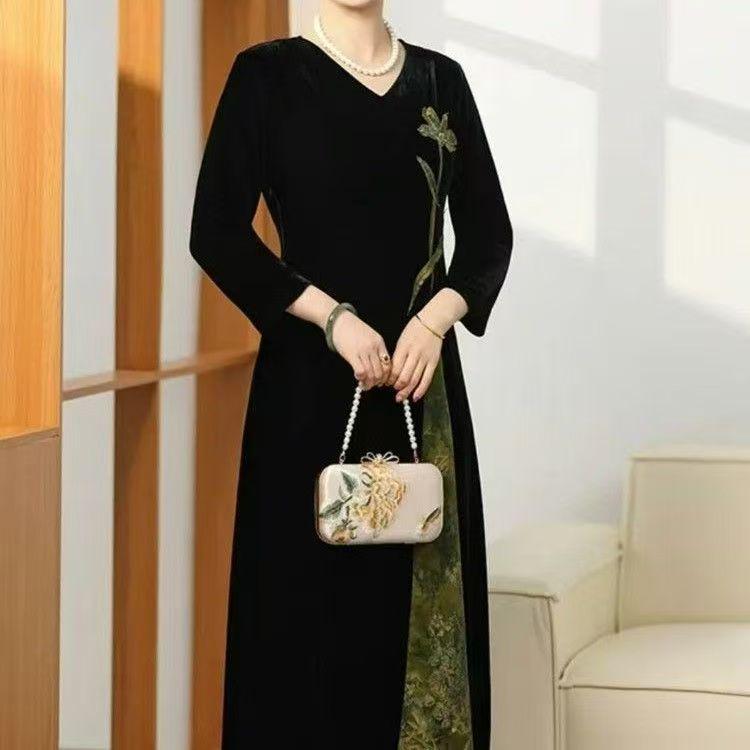 

2025 Fashionable National Style Cheongsam: Slimming Women s Spring & Autumn Dress XL for 115-130 jin чёрный