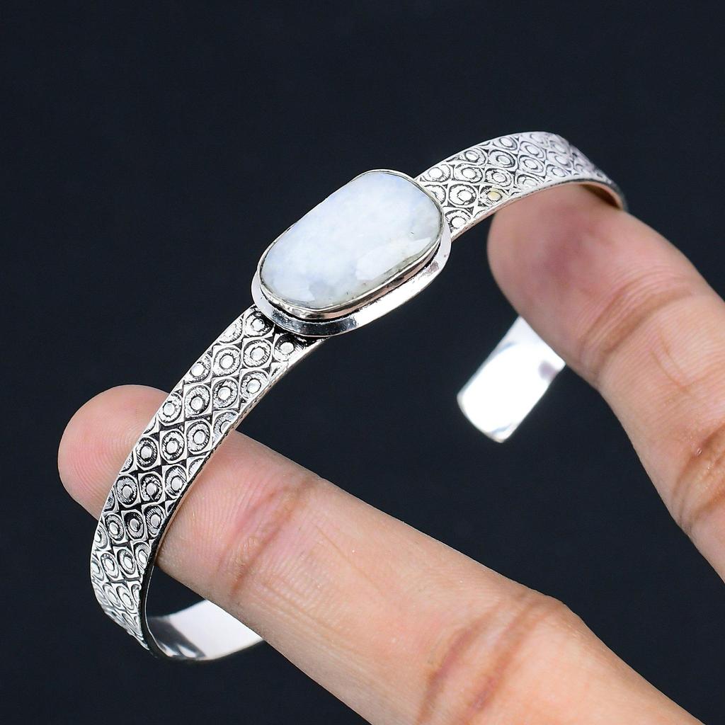 Natural Rainbow Moonstone Gemstone Bangle Adjustable 925 Silver For Girls