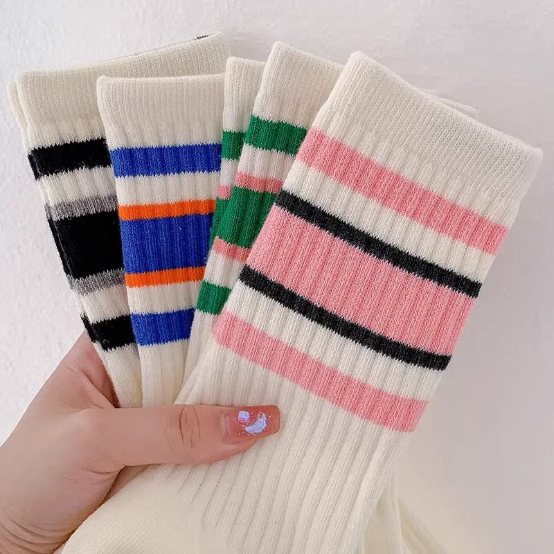 Women's White Striped Mid-Calf Cotton Socks - Trendy Spring/Autumn Sports Style