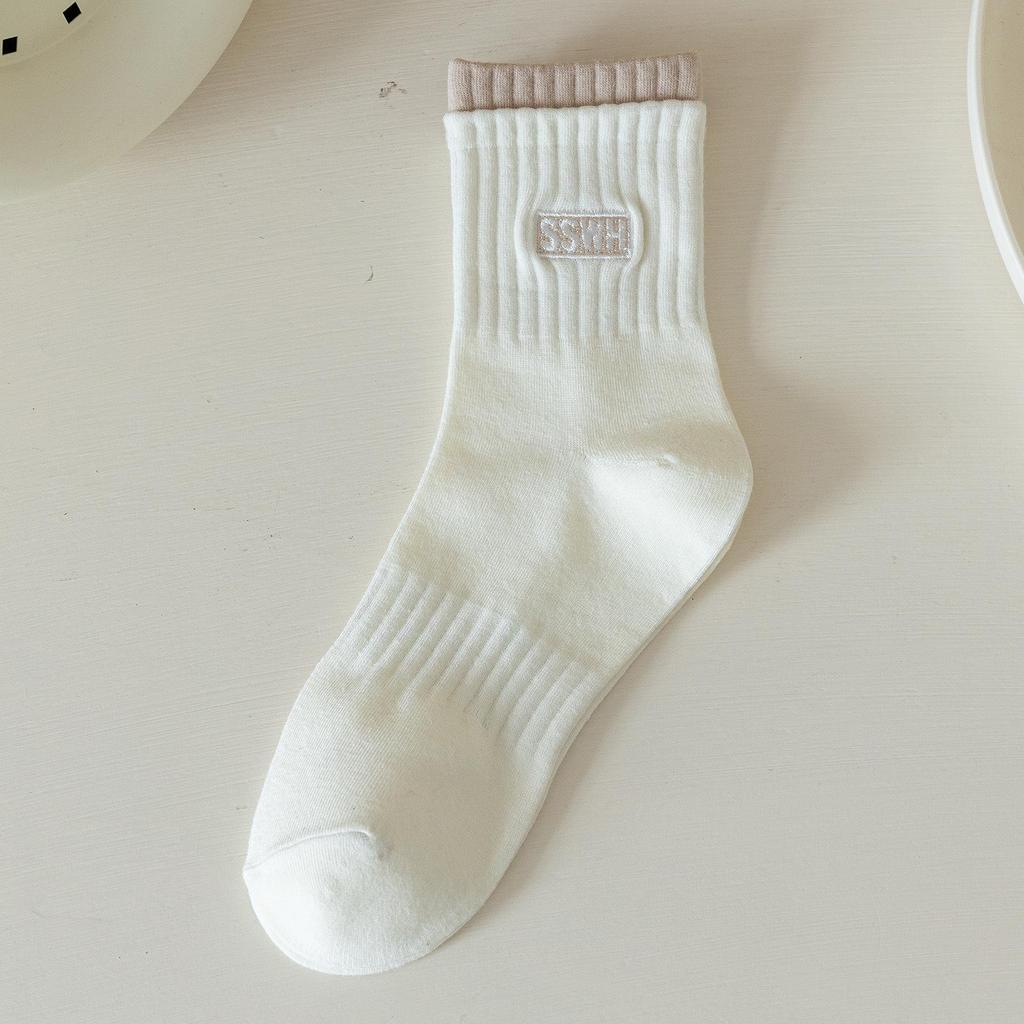 Dámské zimní bavlněné sportovní ponožky střední délky - Dvojité manžety, Vyšívaná písmena, Trendy, Teplé, Pohodlné.