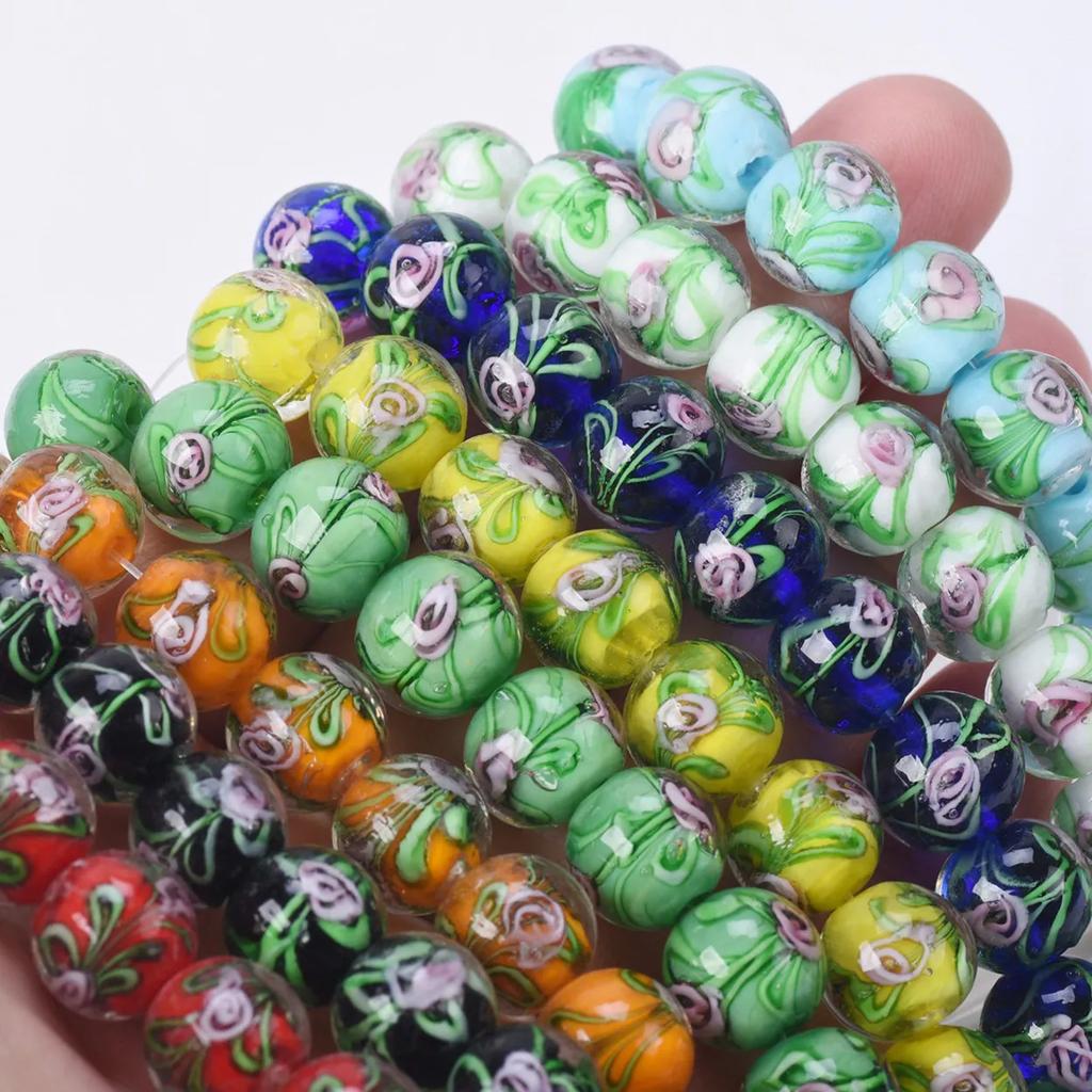 10pcs Round 12mm Flower Pattern Handmade Lampwork Glass Loose Beads For Jewelry Making Accessories DIY Crafts Findings