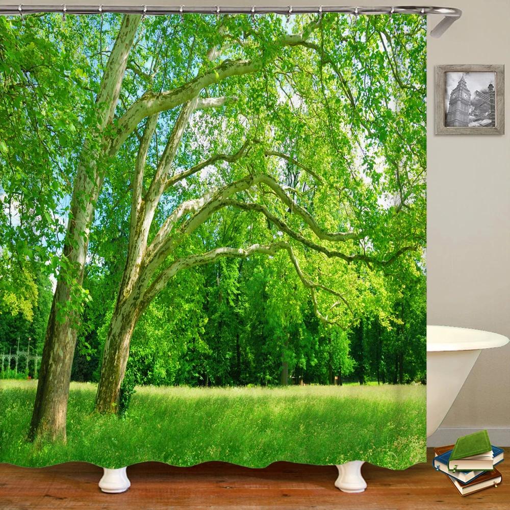 Green Scenery Shower Curtain with Hooks, Waterproof Bathroom Partition, Weighted Bottom Reinforced Eyelets & Easy To Clean