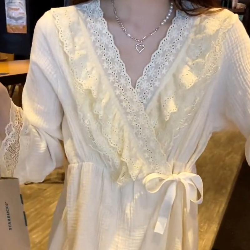 

Весенне-осенний легкий зрелый ветер французский ретро кружевной дизайн пижама женский кимоно с длинным рукавом комплект домашней одежды 2XL