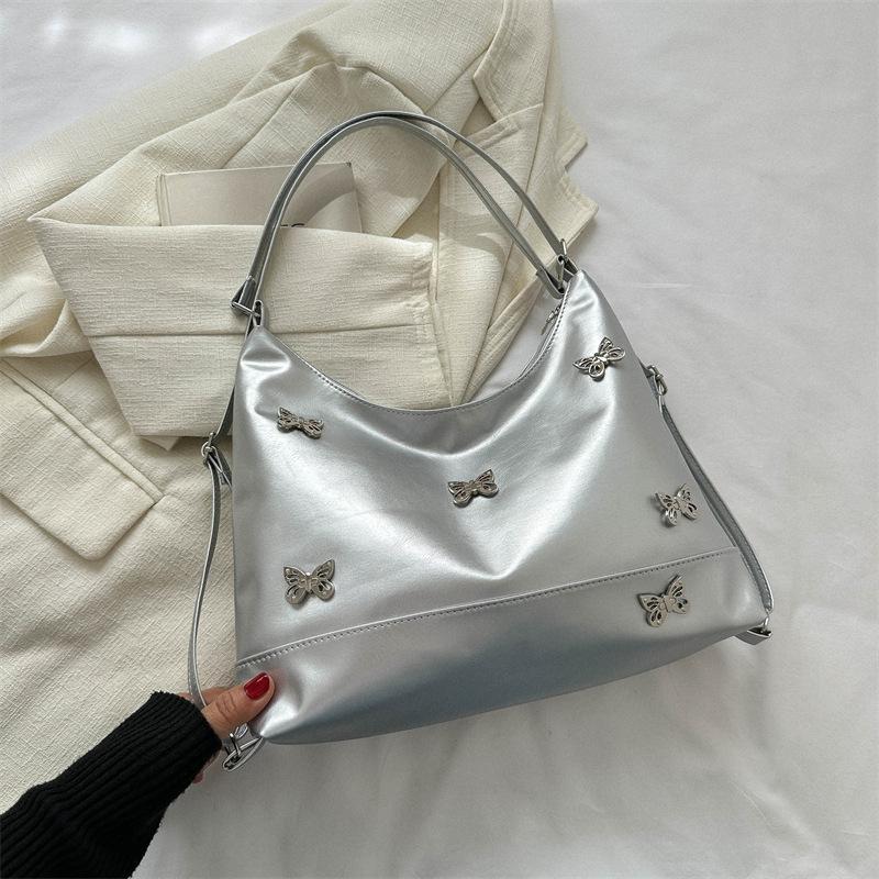 

Винтажная сумка-тоут женская 2025 новая трендовая модная сумка подмышку нишевая текстура бант стразы сумка на плечо прилив серебряный