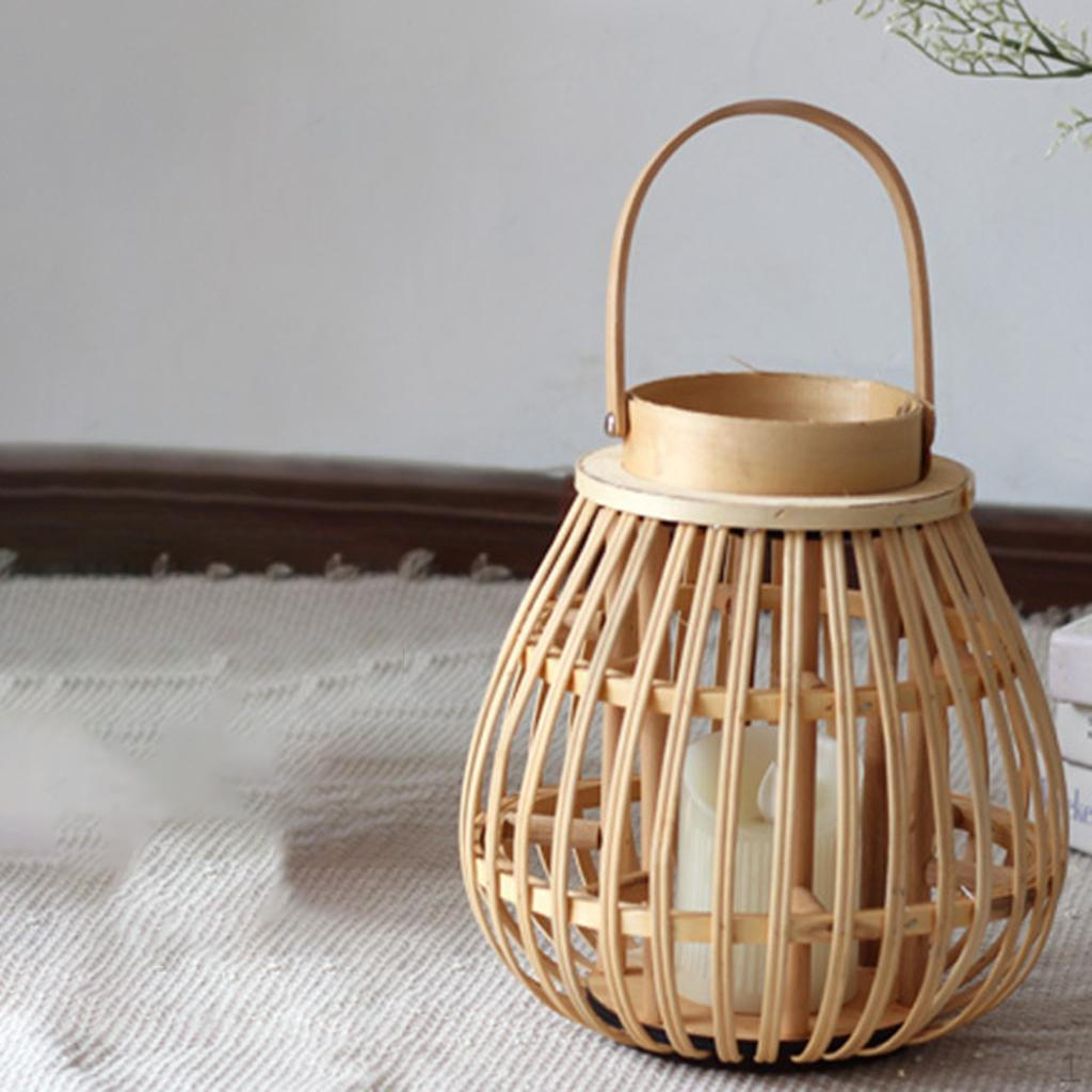 Rattan Bamboo Woven Lantern Hanging Tea Light Candle Holder, Polished